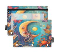Nexawaveo Sea Creatures - Set di 2 astucci blu per raccoglitori a 3 anelli, cerniera liscia, con finestra in PVC trasparente, per articoli scolastici