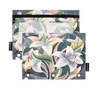 Nexawaveo Set di 2 astucci circolari con giglio astratto per raccoglitori a 3 anelli, cerniera liscia con finestra in PVC trasparente, per forniture scolastiche