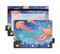 Nexawaveo Set di 2 astucci colorati con meduse dipinte in cielo notturno per raccoglitori a 3 anelli, cerniera liscia con finestra in PVC trasparente, astuccio per forniture scolastiche