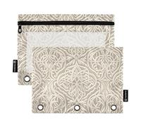 Nexawaveo Set di 2 astucci in stile Art Nouveau color crema per raccoglitori a 3 anelli, cerniera liscia con finestra in PVC trasparente, per forniture scolastiche