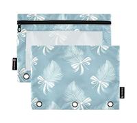 Nexawaveo Set di 2 astucci minimalisti con piume azzurre per raccoglitori a 3 anelli, cerniera liscia con finestra in PVC trasparente, astuccio per forniture scolastiche