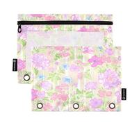 Nexawaveo Set di 2 astucci morbidi con fiori pastello beige per raccoglitori a 3 anelli, cerniera liscia con finestra in PVC trasparente per forniture scolastiche