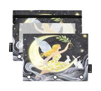 Nexawaveo Set di 2 astucci per matite a 3 anelli, con cerniera liscia e finestra in PVC trasparente, per materiale scolastico, motivo: fata sulla luna e conigli, fantasia