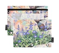 Nexawaveo Set di 2 astucci per matite acquerellabili con fiori e rocce per raccoglitori a 3 anelli, cerniera liscia con finestra in PVC trasparente, astuccio per cancelleria scolastica