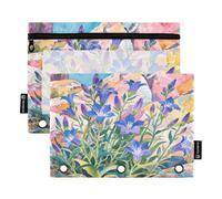 Nexawaveo Set di 2 astucci per matite ad acquerello, motivo fiori e rocce, per raccoglitori a 3 anelli, cerniera liscia con finestra in PVC trasparente, per forniture scolastiche