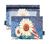 Nexawaveo Set di 2 astucci per matite con bandiera dei fuochi d'artificio e girasoli, per raccoglitori a 3 anelli, cerniera liscia, con finestra in PVC trasparente, per articoli scolastici