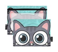 Nexawaveo Set di 2 astucci per matite con gatto grigio con occhi grandi, per raccoglitori a 3 anelli, cerniera liscia con finestra in PVC trasparente, per forniture scolastiche