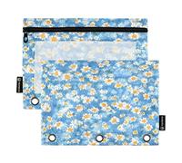 Nexawaveo Set di 2 astucci per matite con margherite azzurre per raccoglitori a 3 anelli, cerniera liscia con finestra in PVC trasparente, per forniture scolastiche