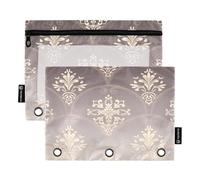 Nexawaveo Set di 2 astucci per matite con motivo barocco grigio per raccoglitori a 3 anelli, cerniera liscia con finestra in PVC trasparente per forniture scolastiche