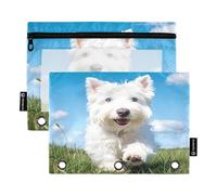 Nexawaveo Set di 2 astucci per matite con motivo cane in erba verde, per raccoglitori a 3 anelli, cerniera liscia con finestra in PVC trasparente, astuccio per articoli scolastici