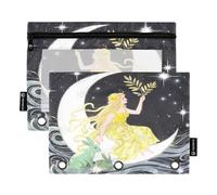 Nexawaveo Set di 2 astucci per matite con motivo donna e conigli sulla luna, per raccoglitori a 3 anelli, cerniera liscia, con finestra in PVC trasparente, astuccio per articoli scolastici