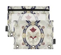 Nexawaveo Set di 2 astucci per matite con motivo ovale intricato beige per raccoglitori a 3 anelli, cerniera liscia con finestra in PVC trasparente, astuccio per forniture scolastiche