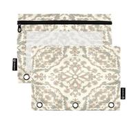 Nexawaveo Set di 2 astucci per matite dal design barocco color crema per raccoglitori a 3 anelli, cerniera liscia con finestra in PVC trasparente, astuccio per forniture scolastiche