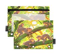 Nexawaveo Set di 2 astucci per raccoglitori a 3 anelli, cerniera liscia, con finestra in PVC trasparente, per materiale scolastico, motivo: scimmie in una giungla verde