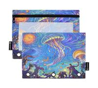 Nexawaveo Set di 2 astucci per raccoglitori a 3 anelli, cerniera liscia, con finestra in PVC trasparente, per articoli scolastici, confezione da 2 pezzi, con meduse e creature fantasy, colore: blu