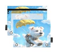 Nexawaveo Set di 2 astucci per raccoglitori a 3 anelli, con cerniera liscia e finestra in PVC trasparente, per materiale scolastico, motivo: cane in paracadutismo nel cielo, confezione da 2