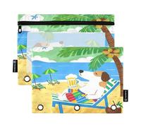Nexawaveo Set di 2 astucci per raccoglitori a 3 anelli, con cerniera liscia e finestra in PVC trasparente, per materiale scolastico, motivo: cane che si rilassa sulla spiaggia