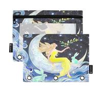 Nexawaveo Set di 2 astucci per raccoglitori a 3 anelli, con cerniera liscia e finestra in PVC trasparente, per materiale scolastico, motivo: fata e conigli sulla luna