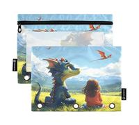 Nexawaveo Set di 2 astucci per raccoglitori a 3 anelli, con cerniera liscia e finestra in PVC trasparente, per materiale scolastico, motivo: dragone in campo, colore blu