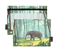 Nexawaveo Set di 2 astucci per raccoglitori a 3 anelli, con cerniera liscia e finestra in PVC trasparente, per articoli scolastici, motivo: elefante nella giungla verde