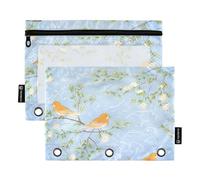 Nexawaveo Set di 2 astucci per raccoglitori a 3 anelli, con cerniera liscia e finestra in PVC trasparente, per materiale scolastico, motivo: uccelli sui rami, colore blu cielo