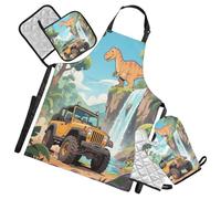 Nexawaveo Set grembiule da cucina con guanti da forno e presine, rivestito in argento, resistente all'acqua e all'olio, grembiule per cucinare barbecue, Dinosauro del fumetto e veicolo fuoristrada