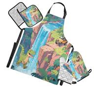 Nexawaveo Set grembiule da cucina con guanti da forno e presine, rivestito in argento, resistente all'acqua e all'olio, grembiule per cucinare barbecue, Cascata del veicolo del dinosauro del fumetto