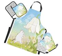 Nexawaveo Set grembiule da cucina con guanti da forno e presine, rivestito in argento, resistente all'acqua e all'olio, grembiule per cucinare barbecue, Gatto e fiore del fumetto in azzurro, Media