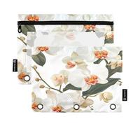 Nexawaveo Squisite orchidee bianche, confezione da 2 astucci per raccoglitori a 3 anelli, cerniera liscia con finestra in PVC trasparente, astuccio per forniture scolastiche