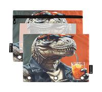 Nexawaveo T-rex with Drink Orange - Set di 2 astucci per raccoglitori a 3 anelli, cerniera liscia, con finestra in PVC trasparente, astuccio per articoli scolastici