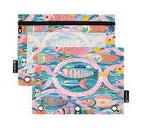 Nexawaveo Vivid Fish - Set di 2 astucci per raccoglitori a 3 anelli, con cerniera liscia e finestra in PVC trasparente, per articoli scolastici