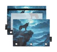 Nexawaveo Wolf Howling Blue - Set di 2 astucci per raccoglitori a 3 anelli, cerniera liscia, con finestra in PVC trasparente, per articoli scolastici