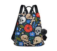 Nexawaveo Zaino da donna, con teschi, fiori, ossa, antifurto, da viaggio, alla moda, per escursionismo e campeggio