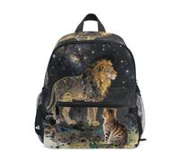 Nexawaveo Zaino per bambini in età prescolare con etichetta per il nome, per ragazzi e ragazze, Acquerello gatto leone cosmico, Small, Zaini Daypack