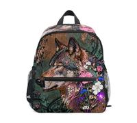 Nexawaveo Zaino per bambini in età prescolare con etichetta per il nome, per ragazzi e ragazze, Ritratto di lupo fiore metallico, Medium, Zaini Daypack