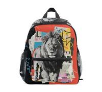 Nexawaveo Zaino per bambini in età prescolare con targhetta per il nome, per ragazzi e ragazze, Leone Rosso Nero, M, Zaino daypack