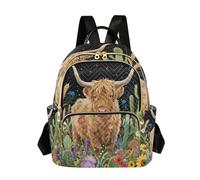 Nexawaveo Zaino trapuntato da donna, borsa da viaggio per computer portatile da 14 pollici, leggero, da lavoro, con fenicottero e fiori, Bestiame delle Highland tra i fiori, Small
