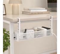 NeXcellere Gestione cavi da scrivania senza fori, 40 cm, cestino per cavi da scrivania con supporto a morsetto, canalina in metallo per ciabatta multipresa, supporto per cavi (bianco)