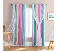 NexRen Tende arcobaleno con stelle per camera da letto delle ragazze, doppio strato oscurante, con bordo in pizzo, 132 x 160 cm, in poliestere (D)