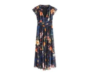 NEXT Donne Abito Longuette per Occasioni Speciali con Scollo a V e Rete Plissettata con Stampa Navy Blue Floral 50