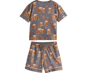 NEXT Donne Pigiama a Maniche Corte in 100% Cotone con Hamish, la Mucca | Standard, delle Highlands, con un top girocollo a maniche corte e degli shorts coordinati con elastico in vita