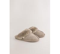 Next Pantofole Sabot in pelle scamosciata foderate in pelliccia sintetica large Marrone