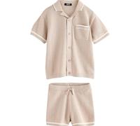 NEXT Ragazzo Completo con polo con rever e shorts in maglia testurizzata Taupe 3 Anni-4 Anni