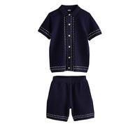 NEXT Ragazzo Completo con polo e shorts in maglia testurizzata con bottone Blu marino 12 Anni