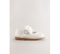 Next White Glitter Bow Wide Fit (G) Chunky Bow Mary Jane Shoes uk5eu215 Argento