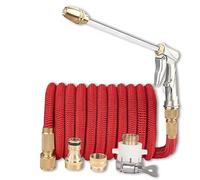 NEYTIIR Tubo Acqua Giardino Estensibile, Raccordi in Ottone Massiccio, 4 Funzioni Spruzzo - Attrezzature L'irrigazione per Giardino, Pulizia Auto, Prato(Red,50FT)