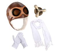 nezababy Cappello da aviatore con occhiali paraorecchie, accessori per costume da pilota da combattente, occhiali, sciarpa, guanti, spilla, Halloween, amalia, cosplay (marrone)