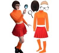 nezababy Costume da detective per Halloween, 7 pezzi, da donna, per cosplay | Parte superiore arancione, gonna a pieghe, parrucca a bob, calzini, occhiali, lente d'ingrandimento; carnevale, feste