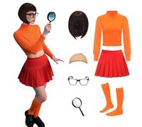 nezababy Costume da detective per Halloween, 7 pezzi, da donna, per cosplay | Parte superiore arancione, gonna a pieghe, parrucca a bob, calzini, occhiali, lente d'ingrandimento; carnevale, feste