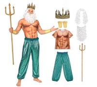 nezababy Costume Poseidon da uomo adulto da re marino, con corona, parrucca, barba, camicia Tridente, pantaloni, Halloween, cosplay, Ocean God
